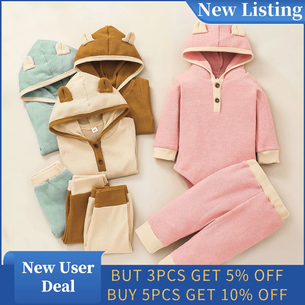 

Clothes for Baby Cotton Long Sleeve Pullover Spring/Autumn Casual 2 Piece Hooded Romper Baby Solid Spliced Pants Elastic Waist