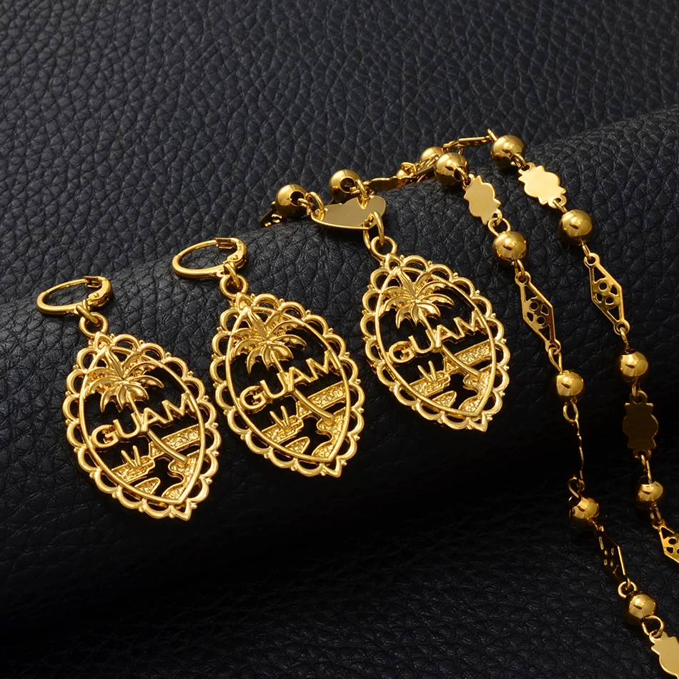 Anniyo Guam Flag Pendant Necklaces Earrings sets for Women Gold Color Chains Jewelry Gifts #195206 | Украшения и аксессуары