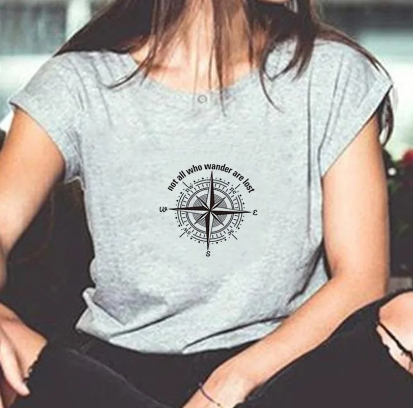 

Not All Who Wander Are Lost Compass Print T Shirt Women Short Sleeve O Neck Loose Tshirt Summer Fashion Ladies Tee Shirt Tops