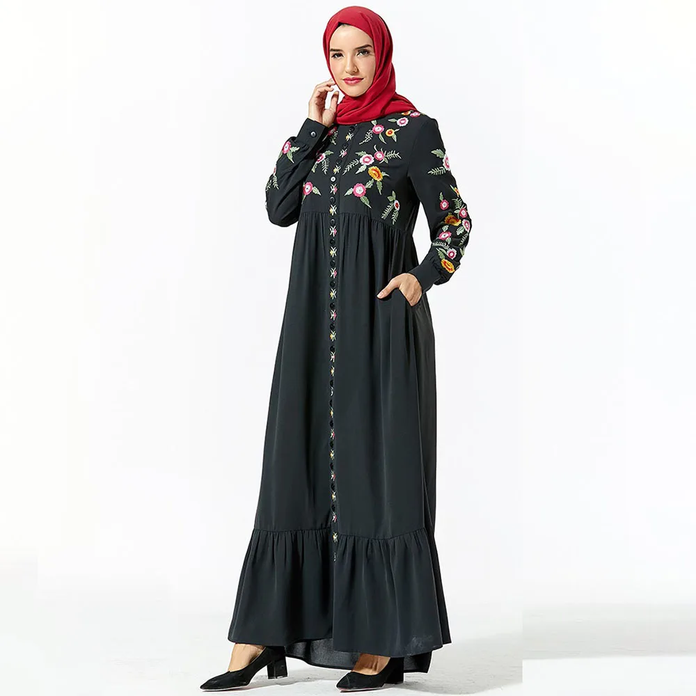 Черное платье с вышивкой Осеннее мусульманское без хиджаба Abayas Дубай женская
