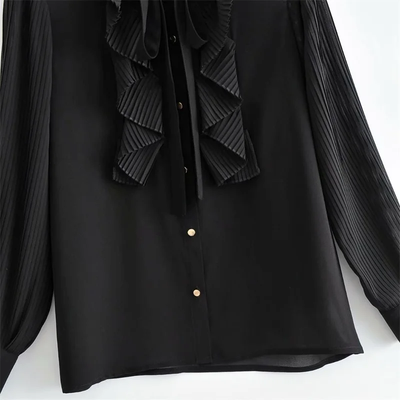 

ZXQJ Women 2021 Fashion Small Pleated Panel Ruffled Blouses Vintage Long Sleeve Office Wear Female Shirts Blusas Chic Tops