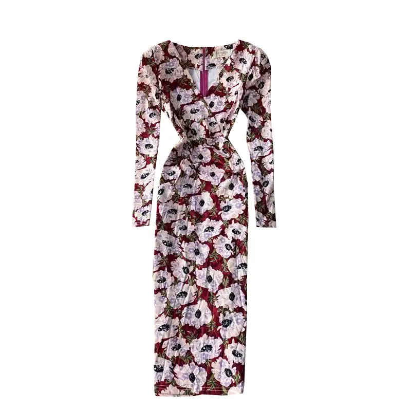 

Spring Autumn Temperament New Style OL Temperament V-neck Printed Bag Hip Dress Fashion Slim-fit Split Long Dress C092