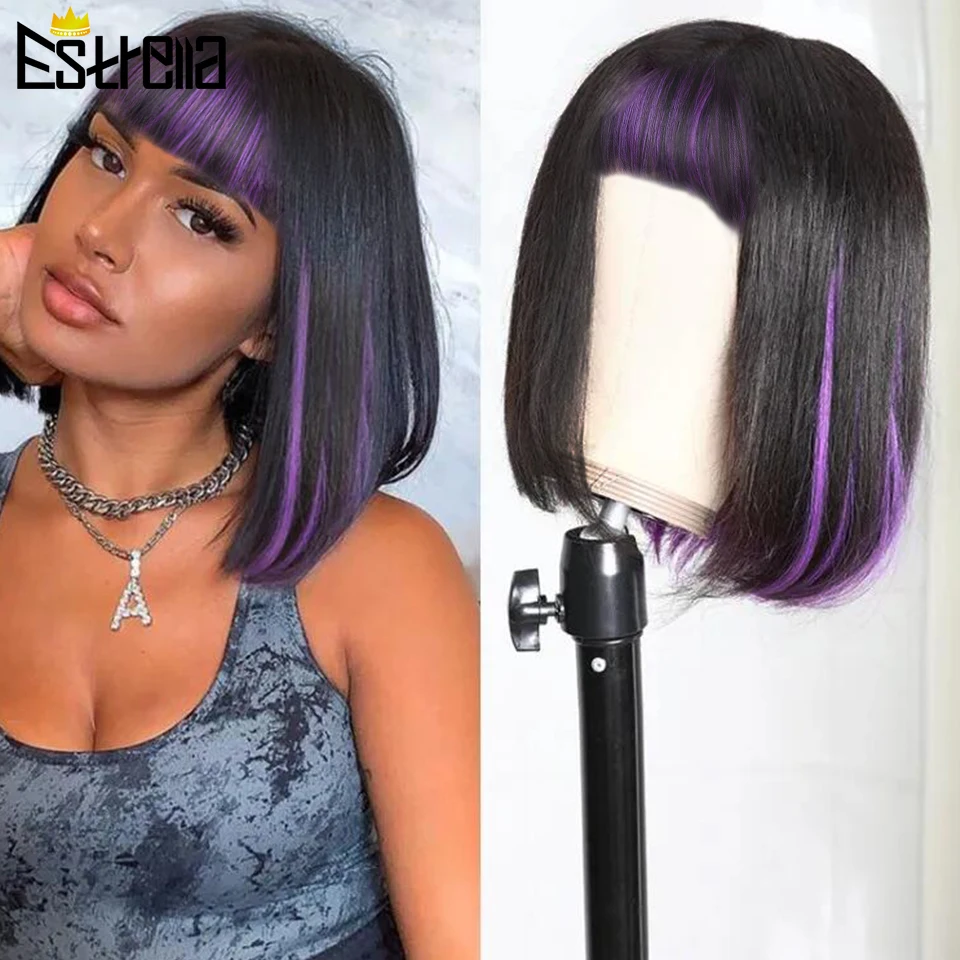 

Mix Color Bob Wig Remy Hair Wigs 1B/Purple Color Brazilian Hair 100% Human Hair Full Machine Made Wigs With Bang For Women