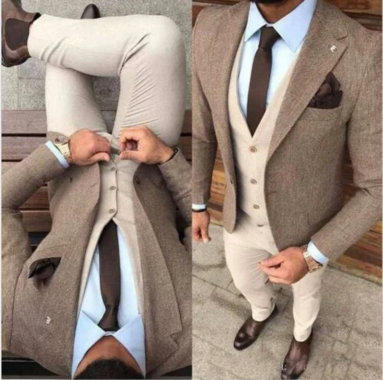 

Gentleman Winter Tweed Fabric Man Business Suits Groom Tuxedos Men Prom Party Coat Trousers Sets Three Suit(Jacket+Vest+Pants)