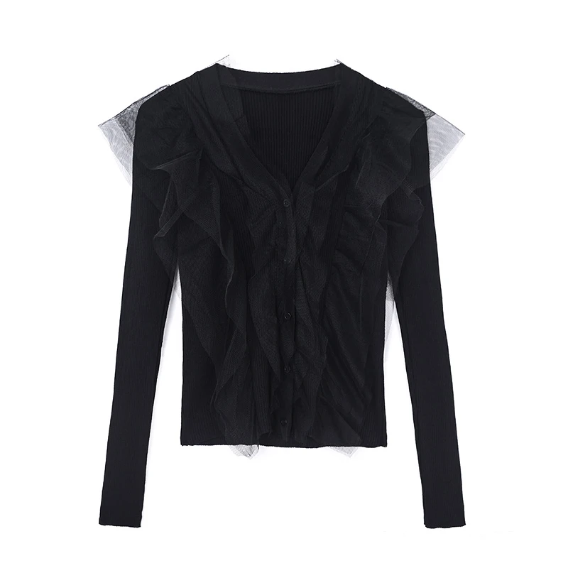 

XITAO Mesh Patchwork Casual Sweater Women Ruffles Trendy New Style V Neck Collar Long Sleeve Elegant Slim Single Breasted ZY4091