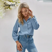simplee casual polka dot women denim shirt spring ruffled puff sleeves blouse button fashion lady doll collar top chic new 2021