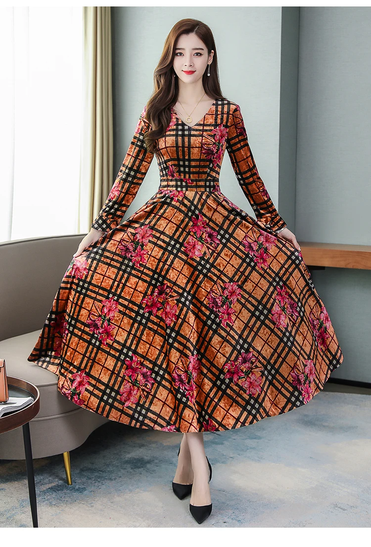 Vintage Floral Velvet Maxi Dresses Autumn Winter 3XL Plus Size Long Sleeve Midi Dress Elegant Women Bodycon Party Vestidos