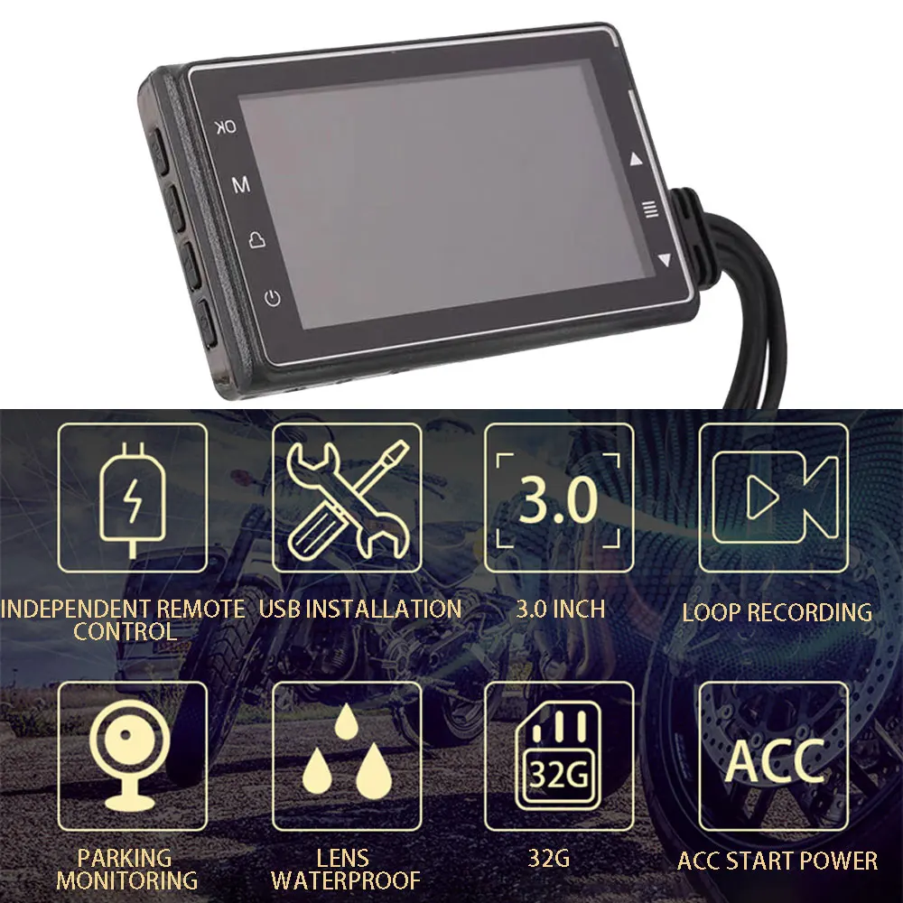 

Vehemo Motorbike Recorder Auto On/Off Loop Recording Parking Monitor Metal 3Inch Dual Camera Car DVR LCD Screen Gravity Sensor