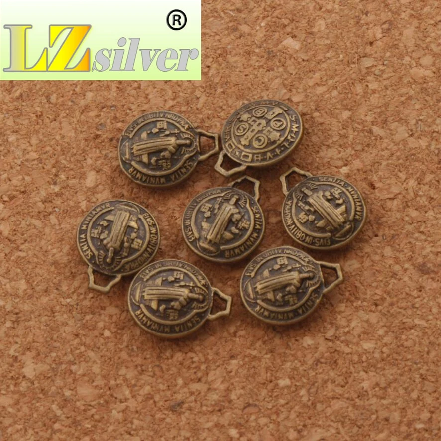 Round 3D Saint Benedict Medal Cross Charm Beads 12X10mm 120PCS Zinc Alloy Bronze  Pendants L1765