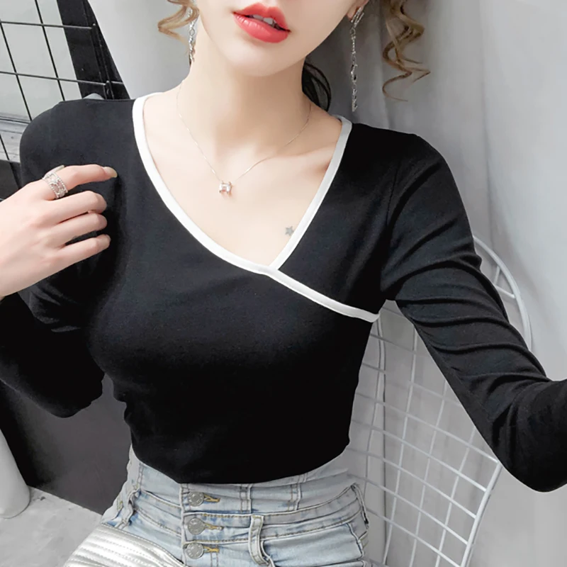 

Shintimes Skew Collar T-Shirt High Elasticity Cotton T Shirt Women Tshirt Slim Woman Clothes 2020 Autumn Womens Long Sleeve Tops