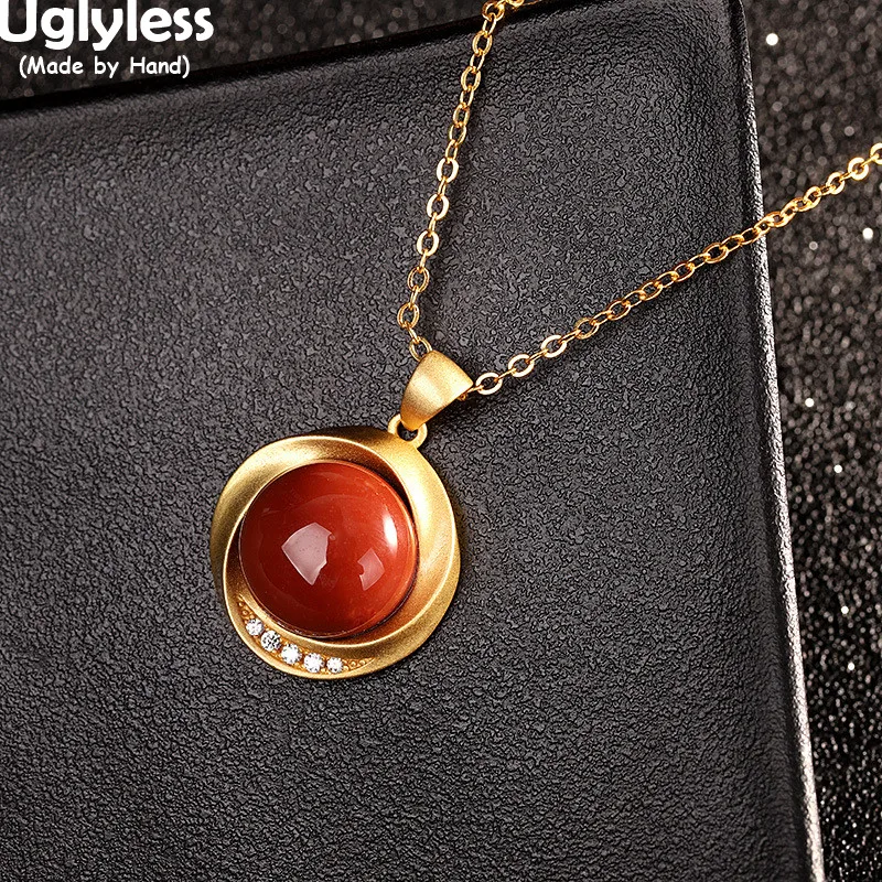 

Uglyless Simple Fashion Curved Perfect Round Pendants + Chains Natural Gemstones Agate Necklaces for Women Gold 925 Silver Jewel