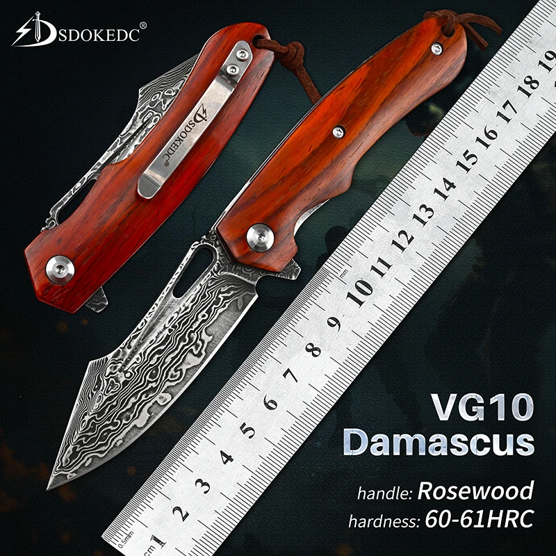 

VG10 Damascus Steel Wood Handle Folding Blade Ball Bearing Pocket Knife Hunting Survival Outdoor Tactical Self Defense EDC Tools
