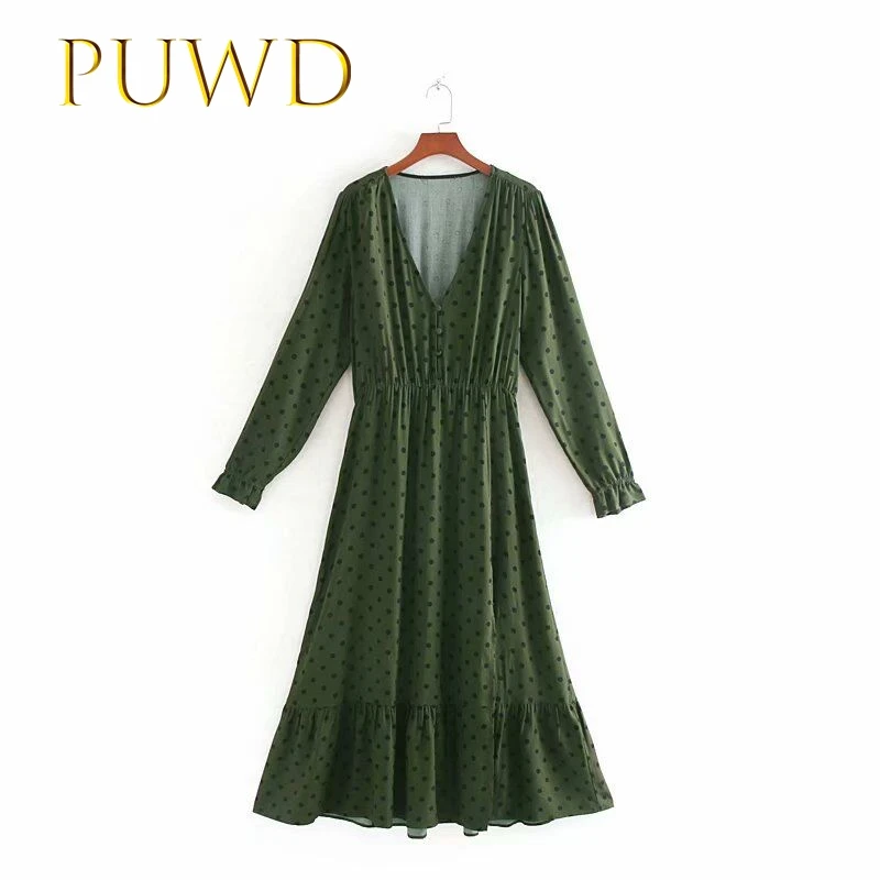 Женское платье в горошек с краями листьев лотоса PUWD осень 2019|Женские платья| |