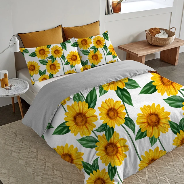 

Orange Sunflower Printed Bedding Set for Lover Couples Gift Flower Pattern Duvet Cover Quilt Home Use Bedlines Double Bed Quilt