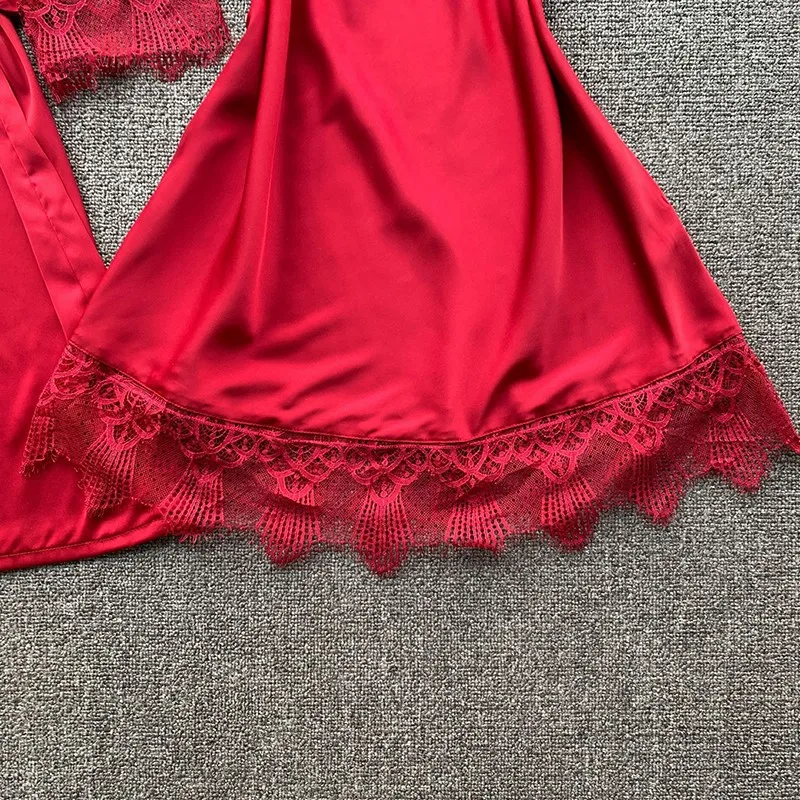 

Pink Sweet Lace Trim Kimono Robe Gown Set Lady Spring Autumn Home Dress Sexy V-Neck Front Split Nightgown Lounge Rayon Sleepwear