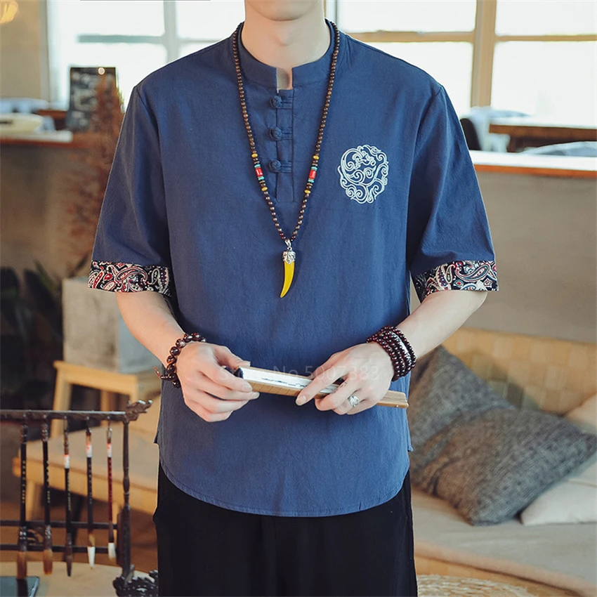 Льняные мужские топы с китайским принтом ретро летний костюм Тан коротким