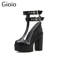 gioio motorcycle womens boots leather shoes black transparent botas wedges female lace up platforms women white botas