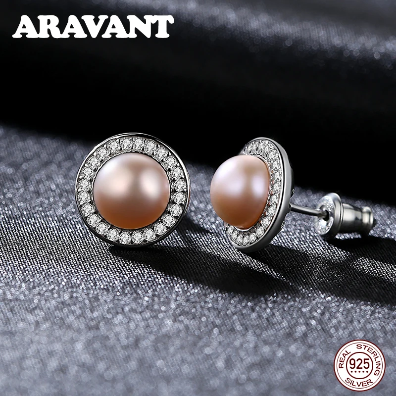 

925 Sterling Silver Jewelry Round Sparkling CZ Pearl Earrings Pearl Jewelry 8-9mm Stud Earrings For Women Silver Jewelry