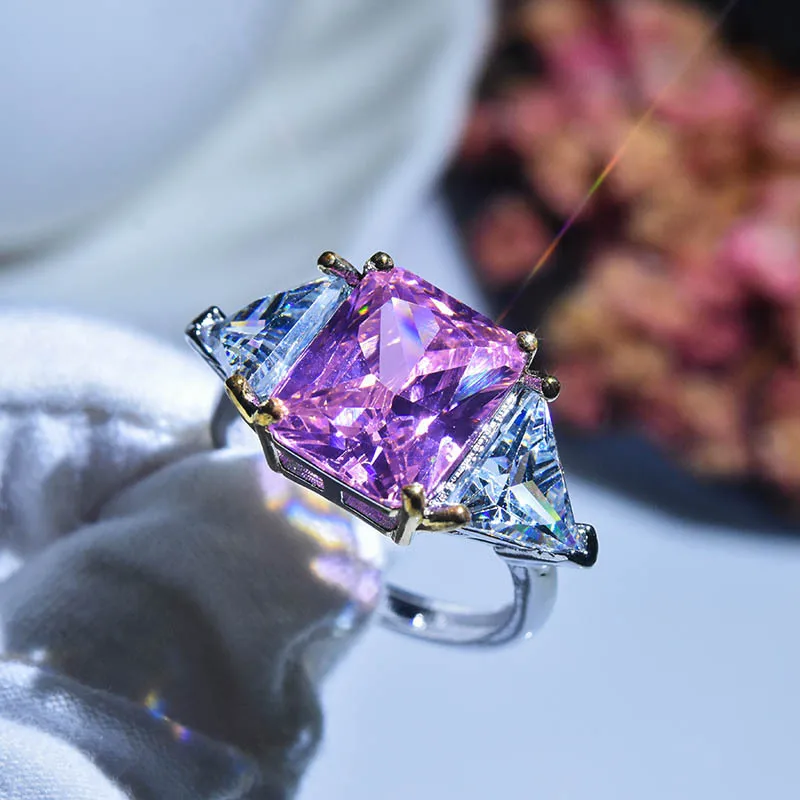 

925 Silver Super Shiny Princess-shaped Ring Pink Zircon Heart And Arrow Simulation Diamond Adjustable For Women Elegance Jewelry