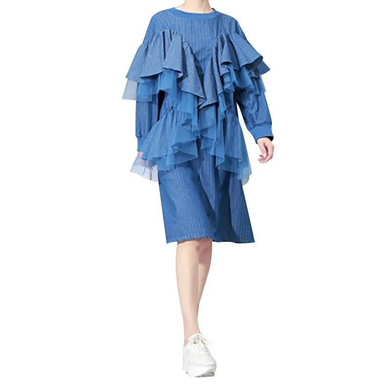 Женское шифоновое платье в полоску с круглым вырезом и пышными рукавами|Женские