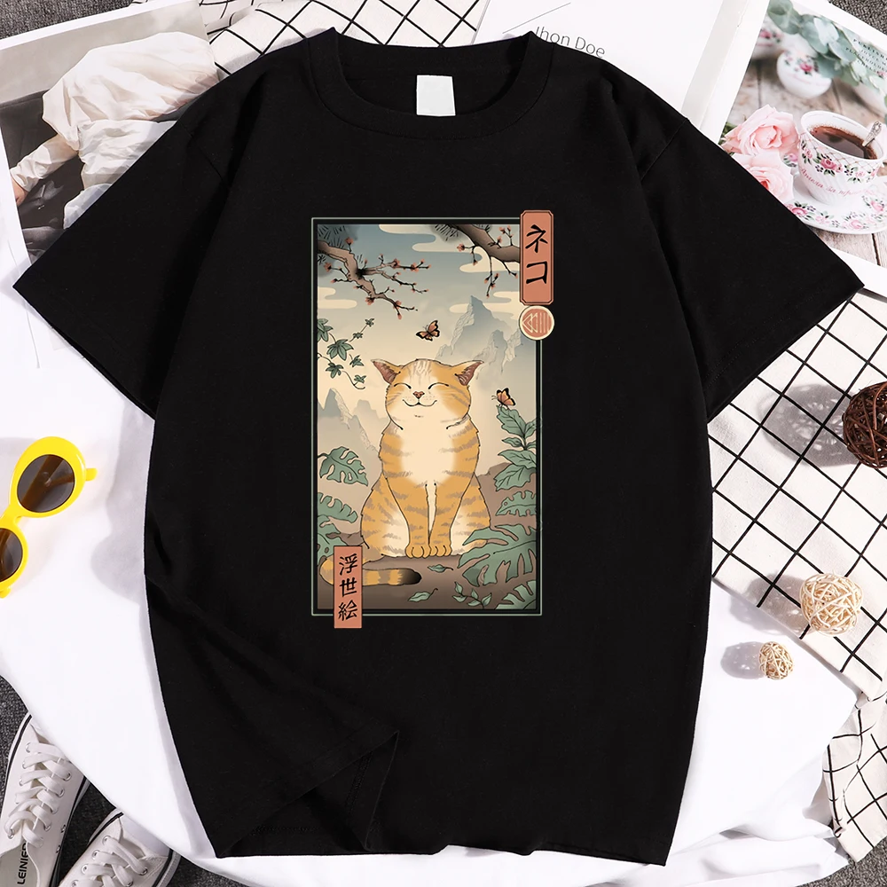 

Cute Fat Cat Painting Print Male T Shirts Fashion Crewneck Tshirt Simplicity Loose Tshirts Cool Vintage Man Brand Tee Shirts