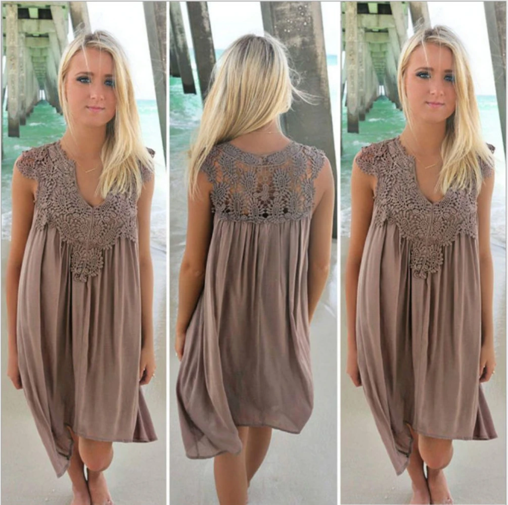 

Casual Lace Beach Dress Sleeveless Hollow Out Vintage See Through Sexy Sumdress V Neck Tank Knee Length Plus Size Summer Vestido
