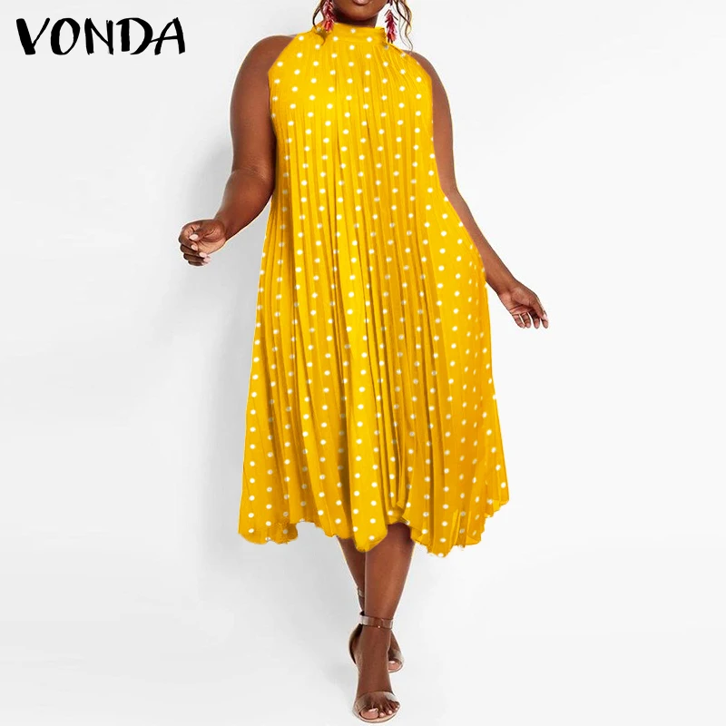 

Holiday Women Dress 2021 VONDA Bohemian Sundress Stand Collar Party Long Dress Polka Dot Print Sundress Femme Robe Vestidos