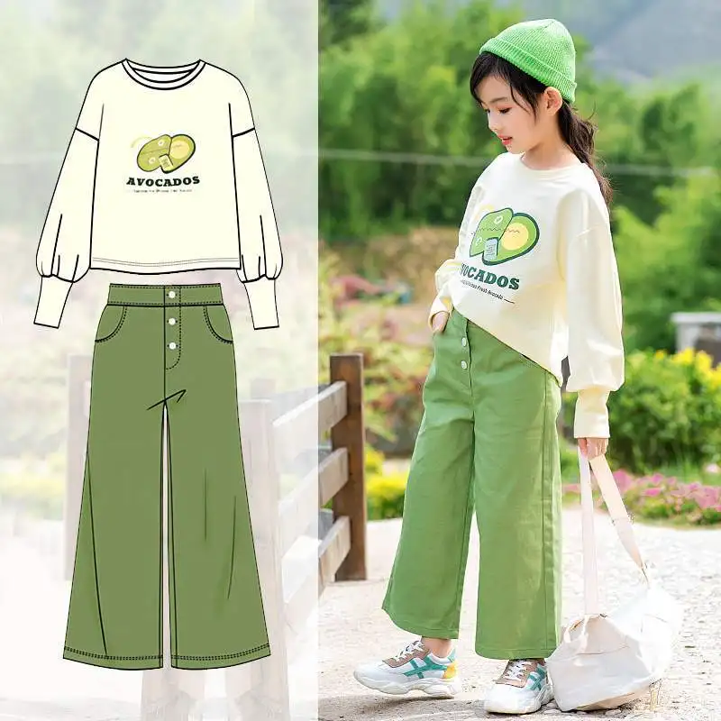 

Child Girls Clothing Set 2022 Spring Teen Girls Sport Suit Avocado Hoodie Wid Leg Pants School Kids Tracksuit for Girls Clothes