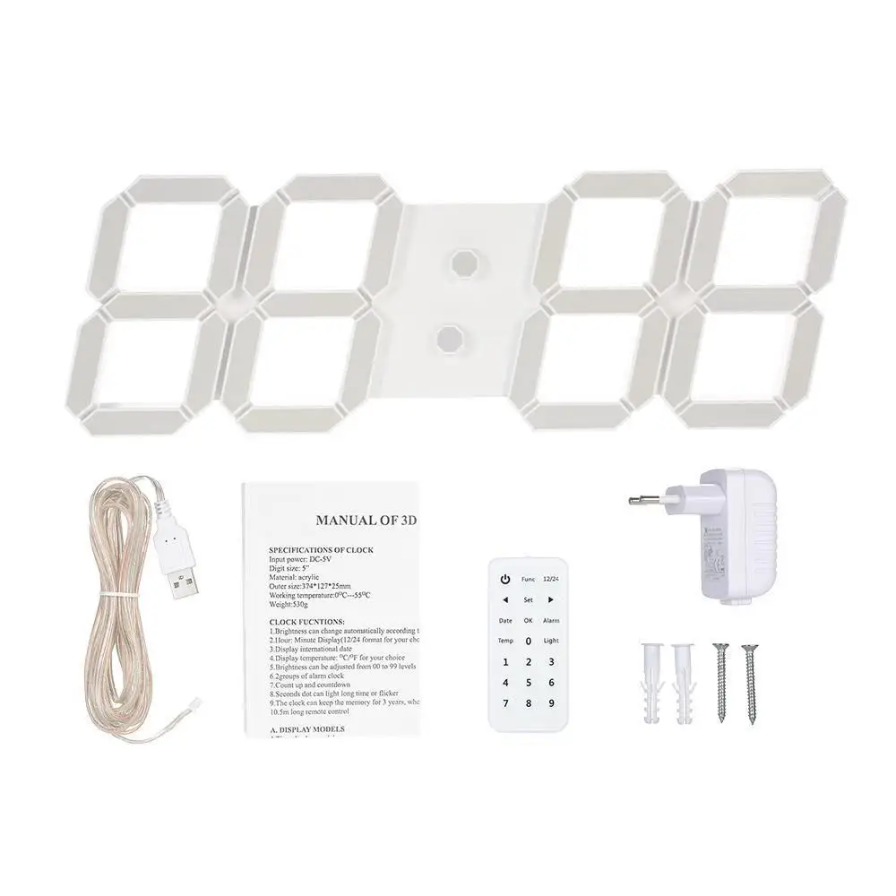 

Large Size LED 3D Digital Wall Clock with Remote Control 12/24 Hour Mode For Home Room Decor EU Plug White Shell Whit Light