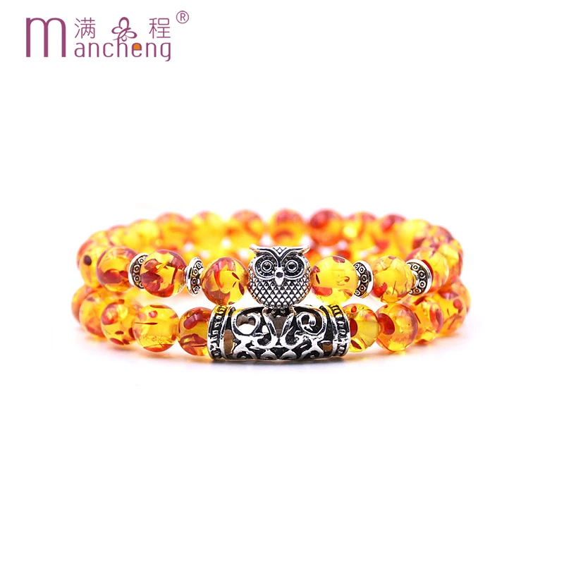 

2PCS / Sets Vintage Silver White Red Pine Turquoise Volcanic LAVA Amazonite Tiger's Eyes Beads Amber Owl Bracelet Men Women