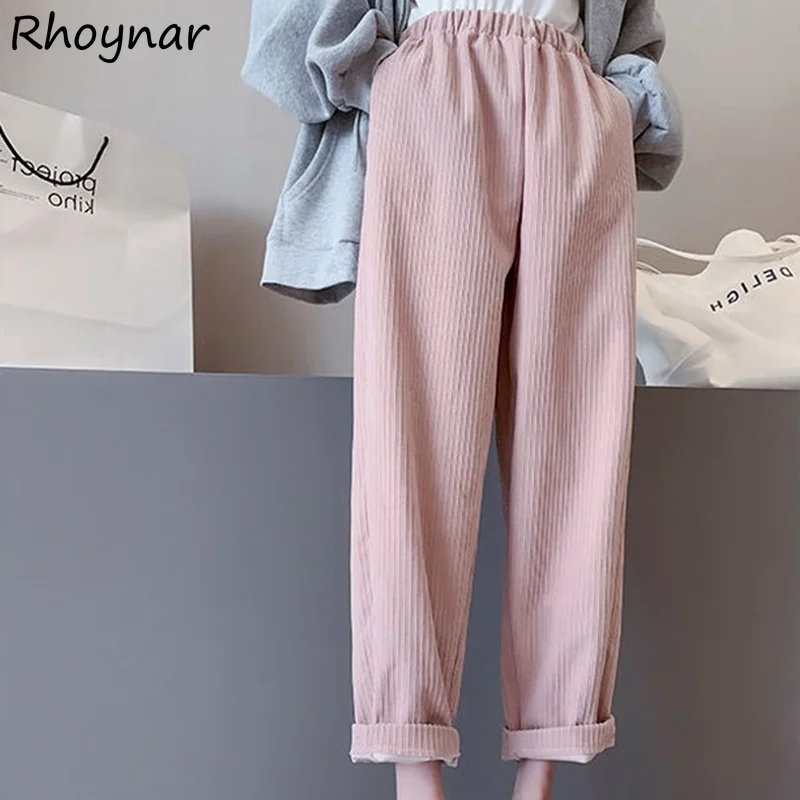 

Casual Pants Women Autumn Thicker Harem Ankle-Length Loose All Match Teen Cozy Corduroy High Waist Solid Streetwear Ulzzang Ins