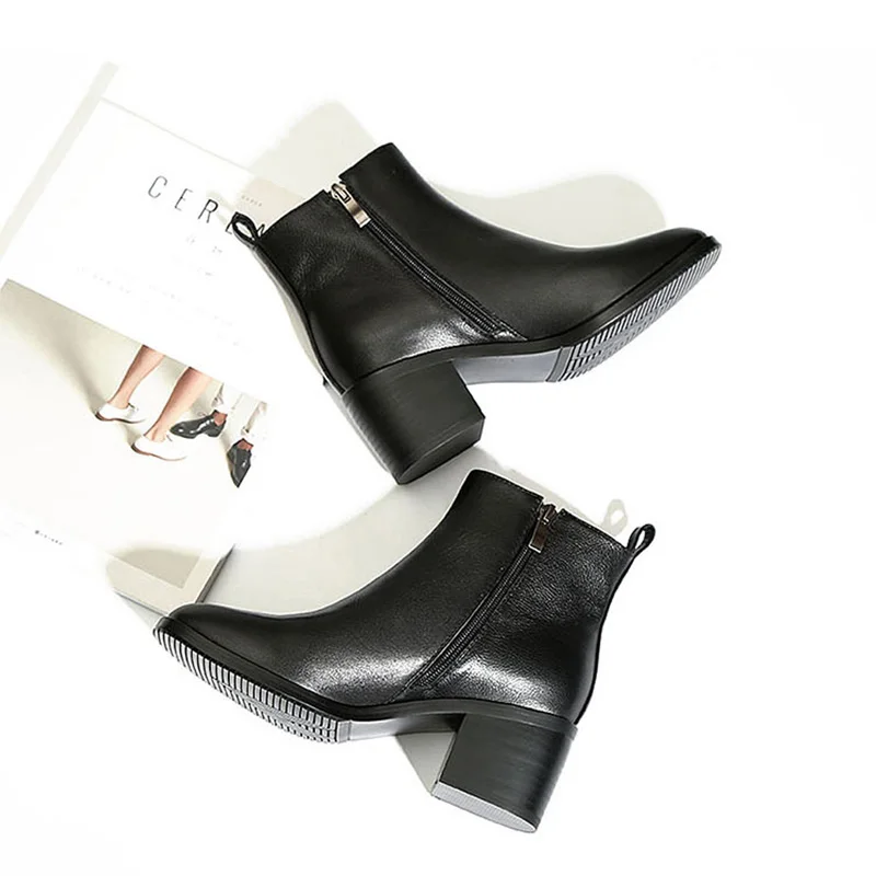 

Genuine Cow Leather Thick-heeled short boots women leather single boots square toe short boots thick-soled ankle boots