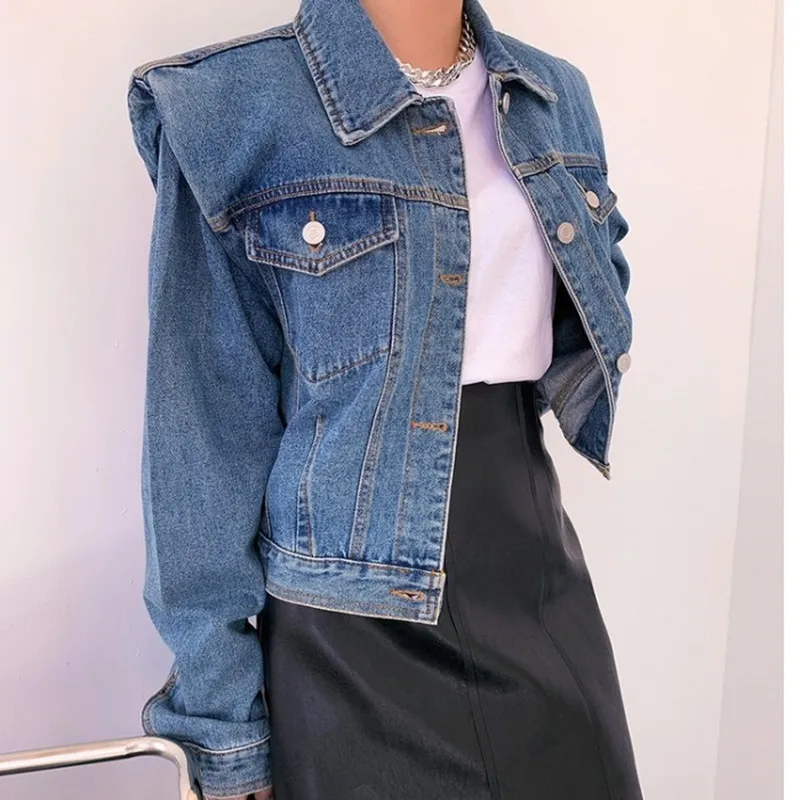 

Женская джинсовая куртка с длинным рукавом, синяя джинсовая куртка свободного покроя в стиле ретро с плиссированным наполнителем и отложны...