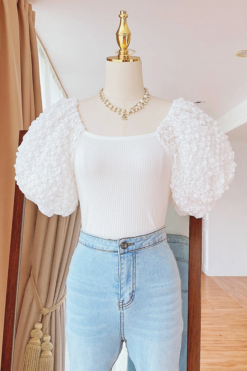 

Casual Fashion Summer Clothing Solid Color T-shirt Sqaure Collar Short Puff Sleeve Pleated All-matching Slimming Top