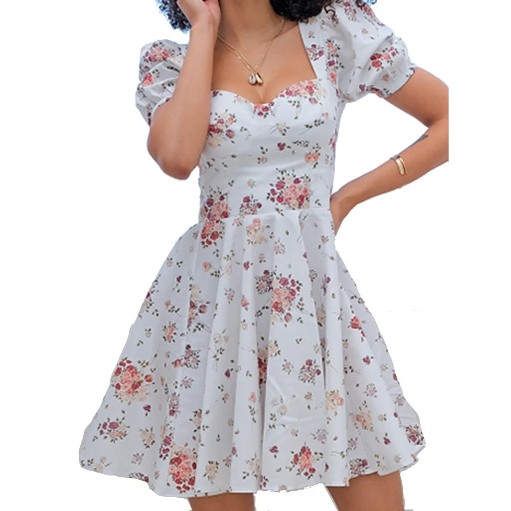 

Women Casual Sweet Floral Printing Dress Sexy Square Collar Backless Puff Sleeve Mini Dress High 2021 Summer Waist Boho Dresses