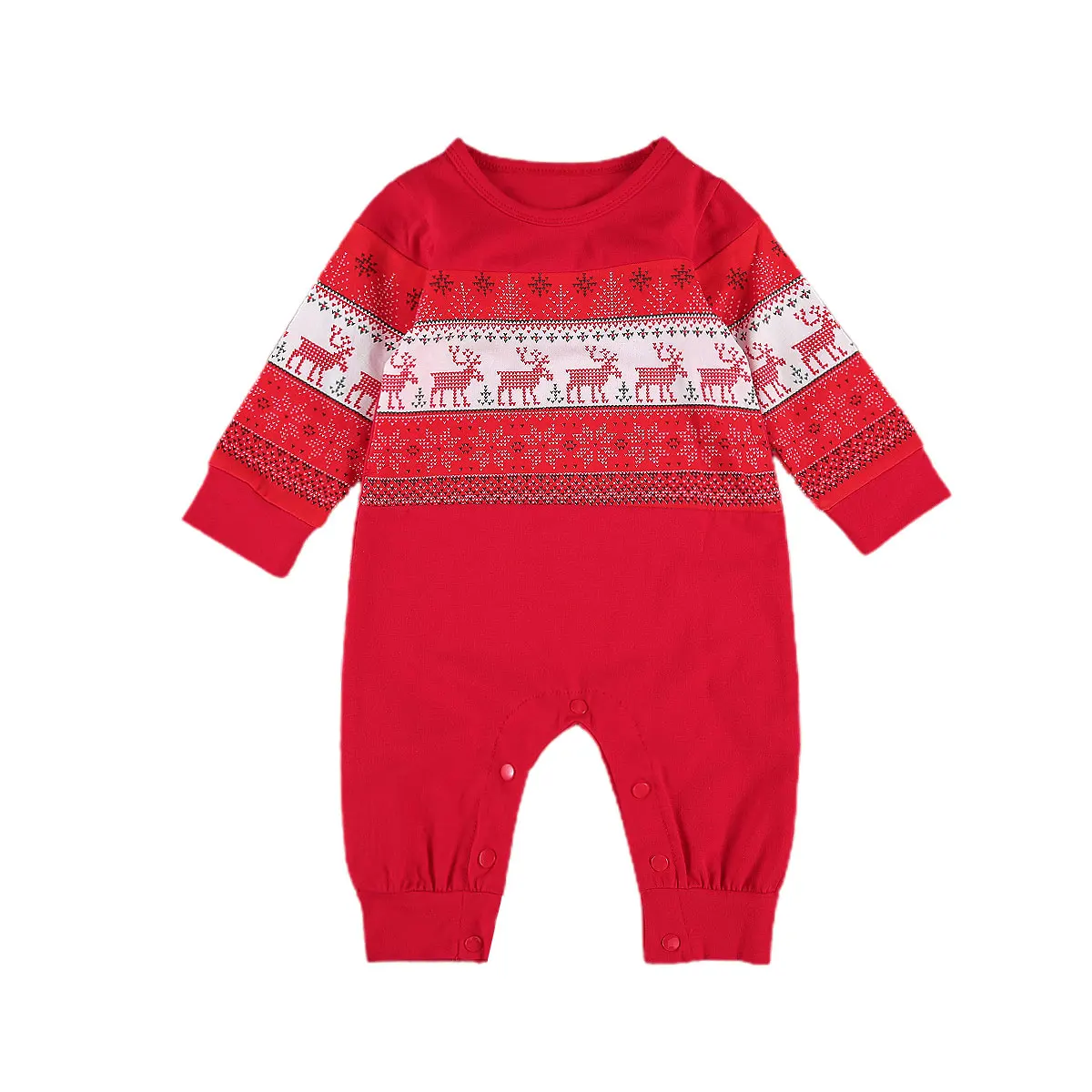 

Christmas Baby's Printed One-piece Garment Long Sleeve Button Red Christmas Snowflakes and Elk Pattern Bodysuit 0-24 Months