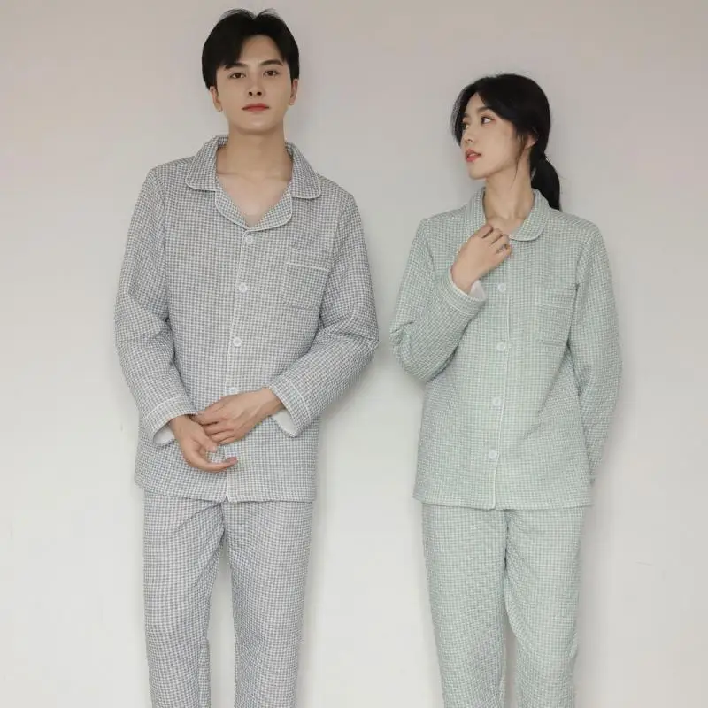 

Клетчатый Пижамный костюм из 2 предметов, домашняя одежда для влюбленных, хлопковый осенний Новый комплект для сна, интимное нижнее белье, П...