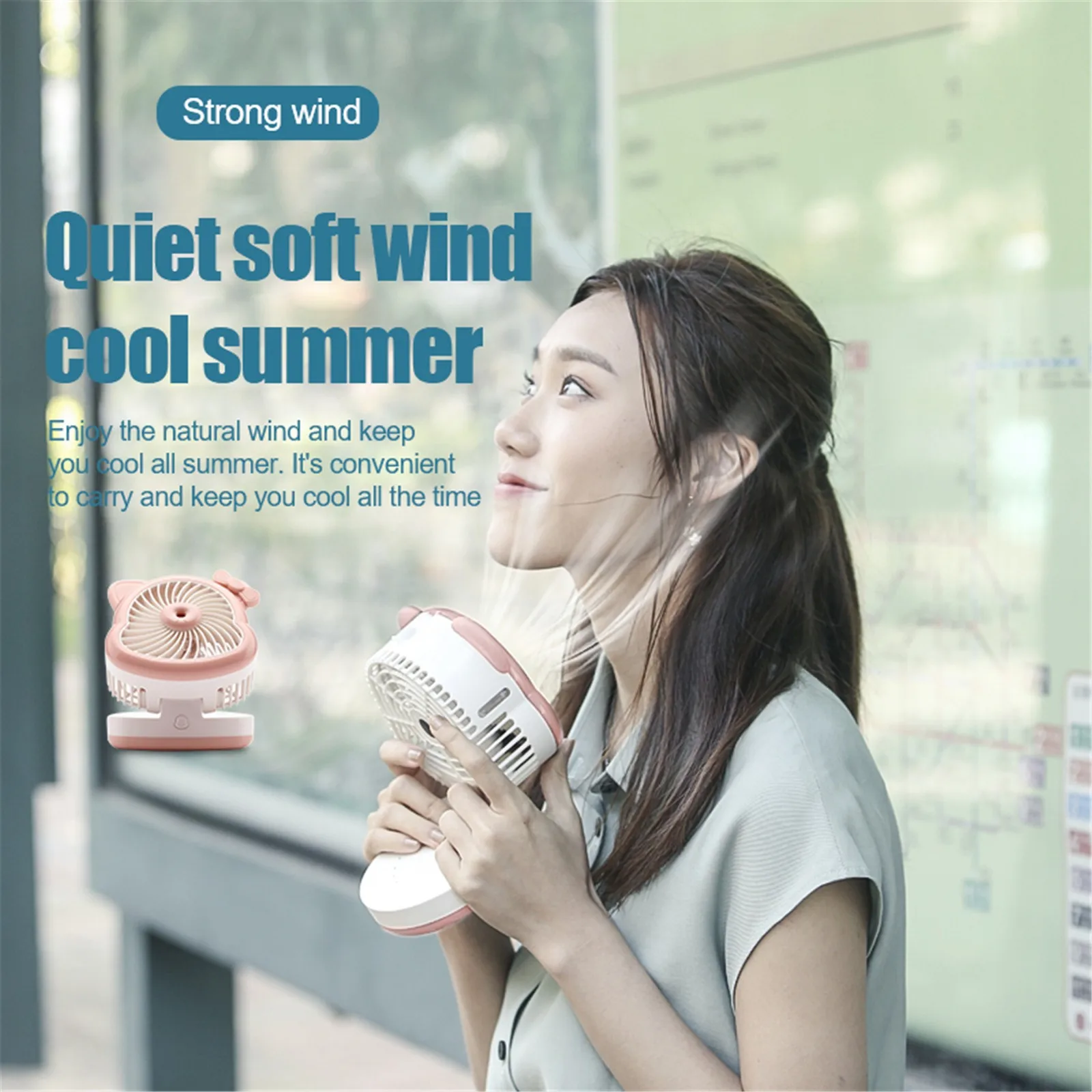 

2 In 1 Portable Moe Cat Folding Spray Fan Usb Rechargeable Mini Multi-function Desktop Hand Held Travel Cooler Cooling Power #g
