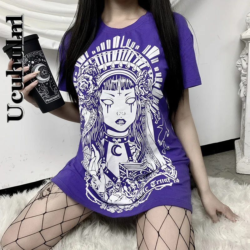 Ucuhulnl Diablo Print Women's Short-sleeved Plus Size Korean Street Loose Bag Hip Sexy T-shirt Skirt | Женская одежда