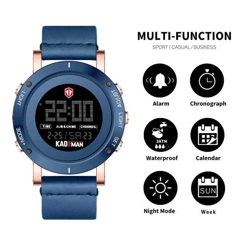 Мужские часы KADEMAN спортивные водонепроницаемые со светодиодным дисплеем до 30