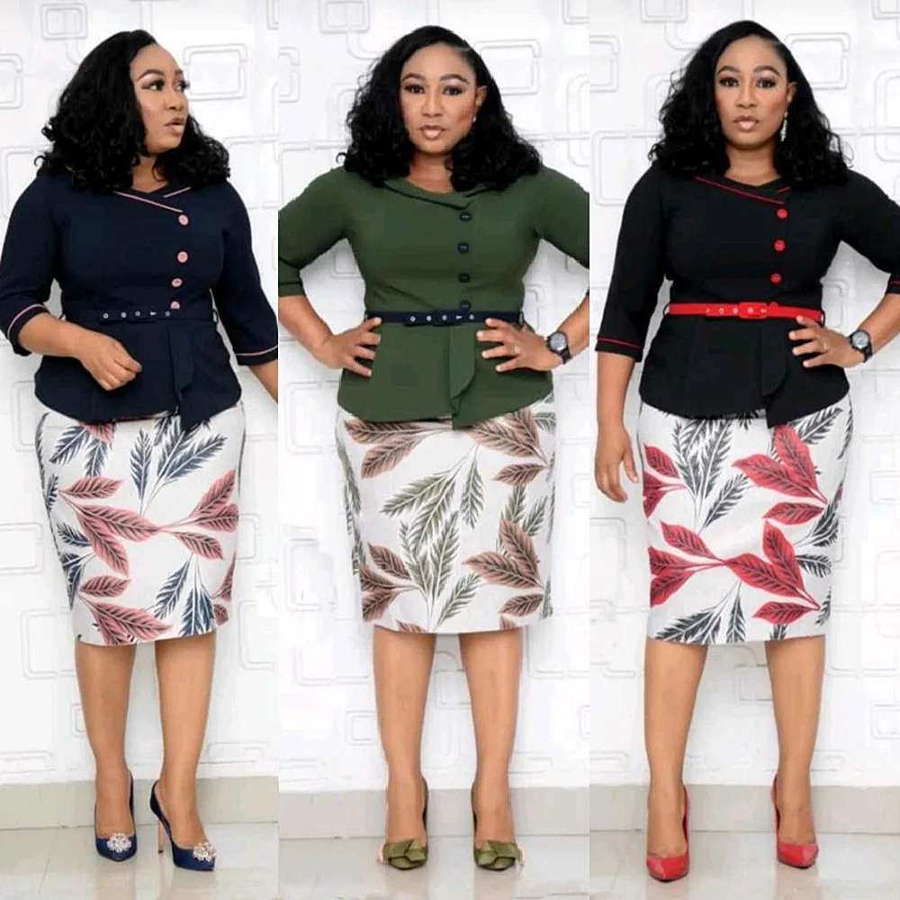 

Two Piece Set 3/4 Sleeve Tops And Print Skirt Matching Set 2020 Fashion New Office Lady African Clothes For Women dress 6XL
