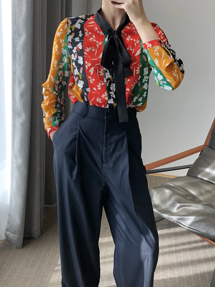 100% натуральный шелк блузки для офиса с принтом длинный рукав галстук бабочка