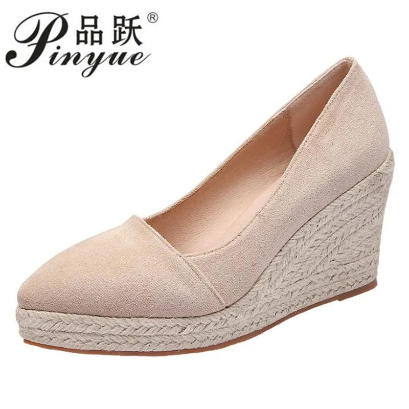 

Женские эспадрильи на танкетке Новинка весна-осень стильные туфли из флока на среднем толстом каблуке на платформе женская Плетеная соломе...