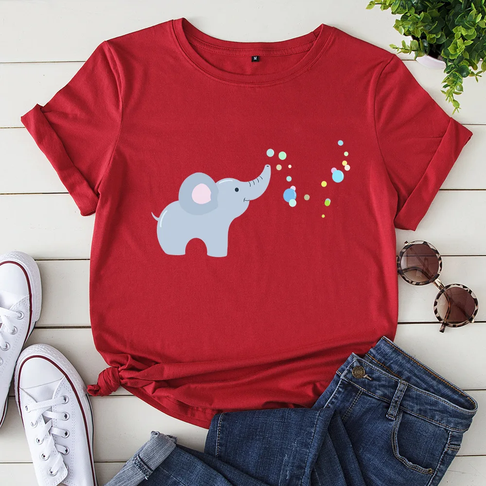 

Elephant Squirting Water Print T Shirt Women Short Sleeve O Neck Loose Tshirt Summer Women Tee Shirt Tops Camisetas Mujer