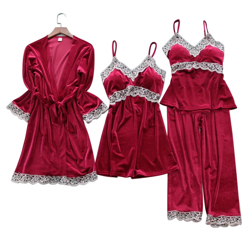 

Spring Autumn Pajamas Set Female Velvet 4PCS Sleepwear Pijamas Suit Silky Velour Sleep Set Casual Loose Kimono Bathrobe Gown XXL