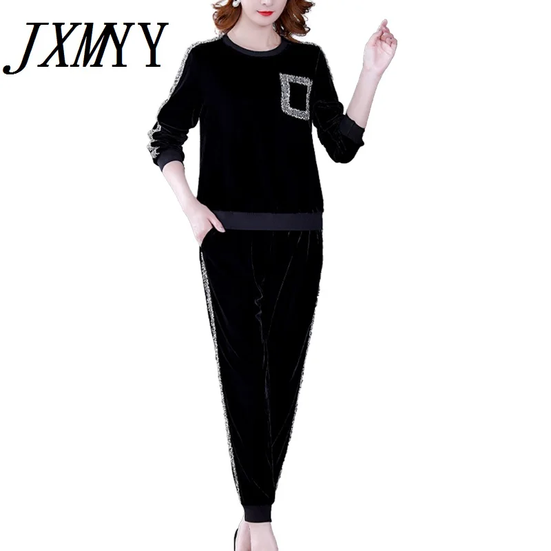 

JXMYY Autumn 2022 New Net Celebrity Women's Simple Casual Slim Gold Velvet Sweater Pants Plus Size Women's Two-Piece Suit