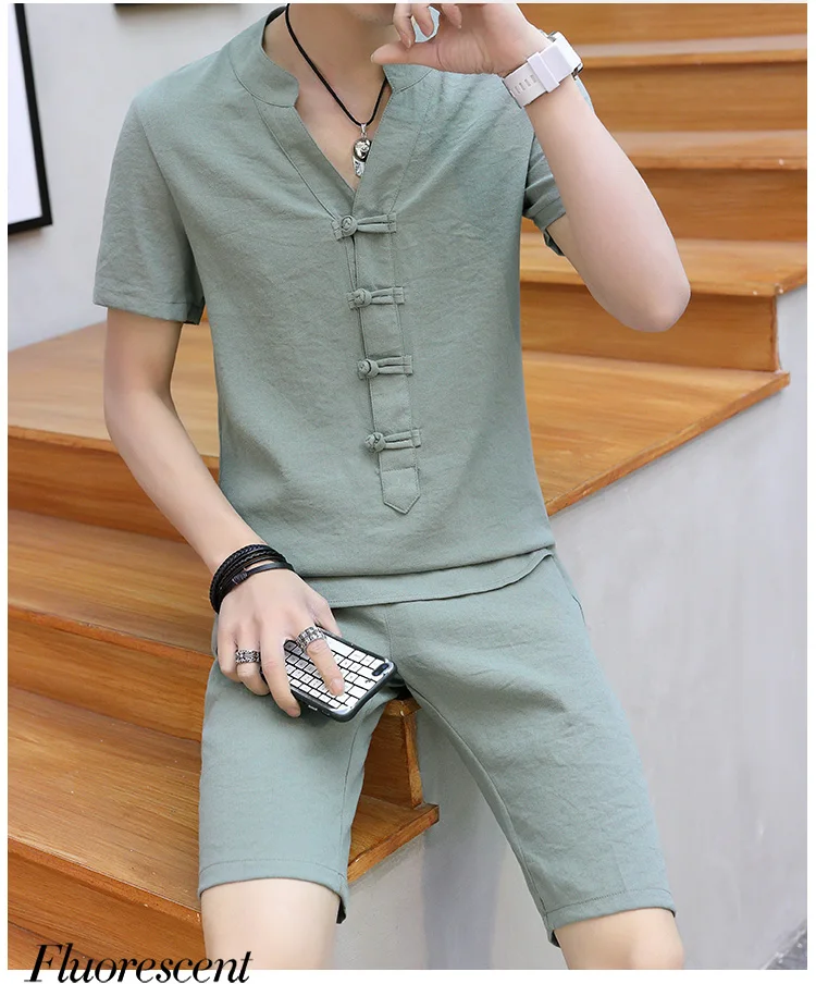 Summer Clothes Men 2 Pieces Sets VogueShorts And Short-sleeved Buckle T Shirt Men Breathable Slim Fit V Neck Linen Suits