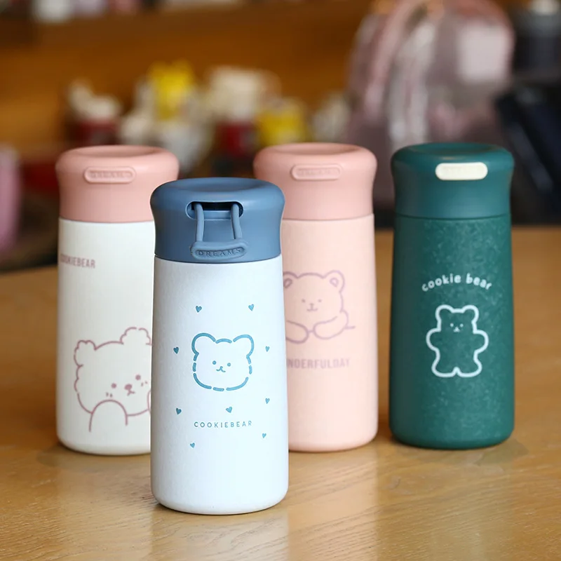 Lovely Bear Pattern Children Water Bottle Double Layer Hot Insulation Thermos Bottle Students Vacuum Flask 300ml/350ml