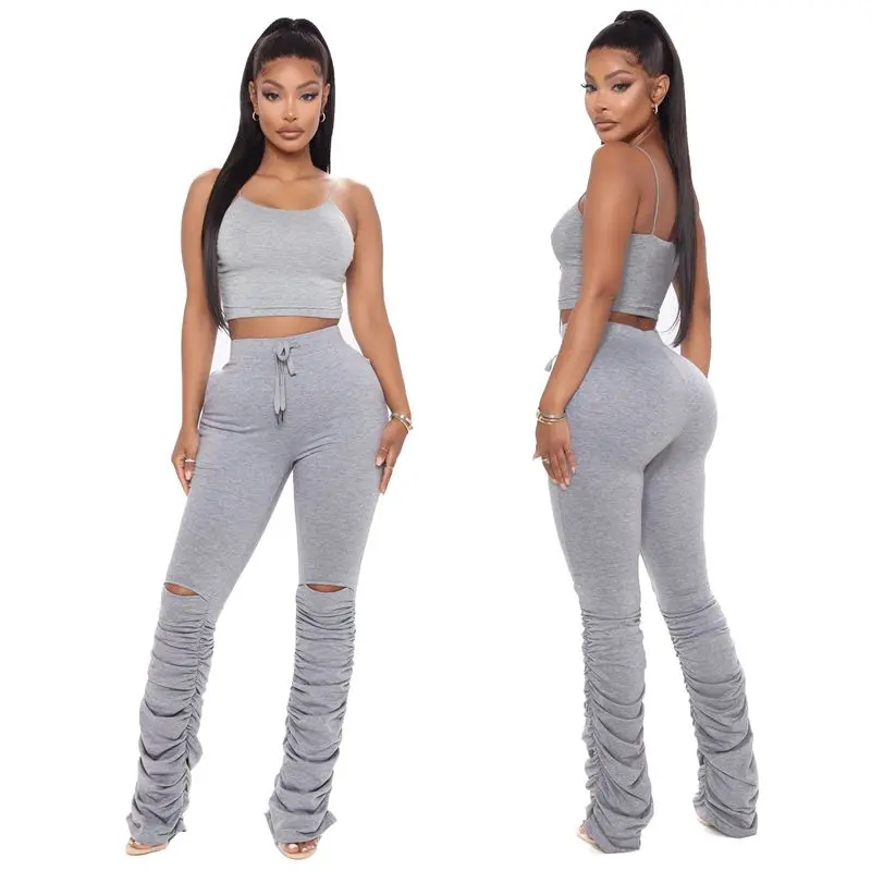 

TNNAOFF Sexy Hole Stacked Cotton Sweatpants for Women Fashion Solid Elastic Skinny High Waist Streetwear Club Casual Trousers