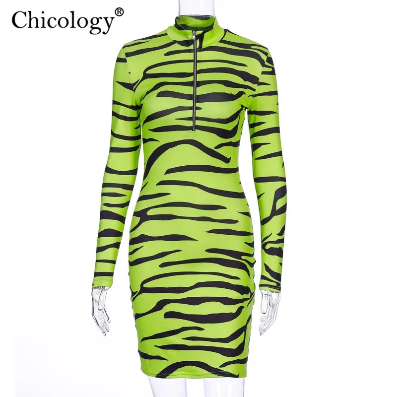 Цикология зебрано принтом принт неоновое облегающее обтяжку мини платье женское